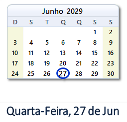27 Junho 2029 calendario