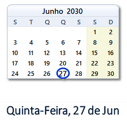 27 Junho 2030 calendario