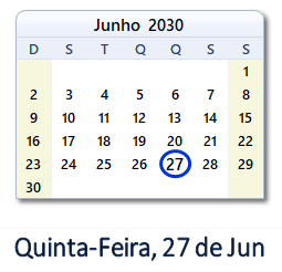27 Junho 2030 calendario