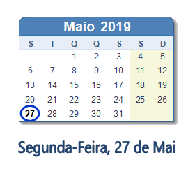 27 Maio 2019 calendario