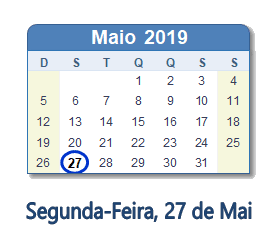 27 Maio 2019 calendario