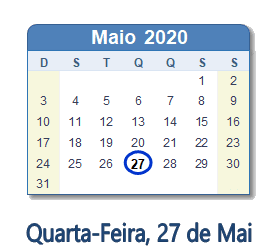 27 Maio 2020 calendario