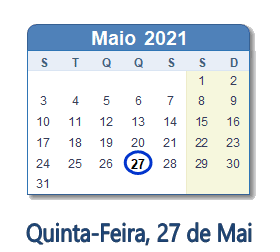 27 Maio 2021 calendario