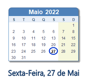 27 Maio 2022 calendario