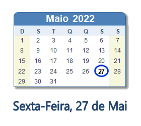 27 Maio 2022 calendario