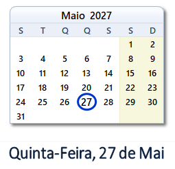 27 Maio 2027 calendario