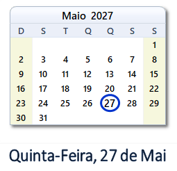 27 Maio 2027 calendario