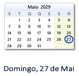 27 Maio 2029 calendario
