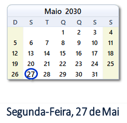 27 Maio 2030 calendario