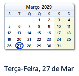27 Março 2029 calendario