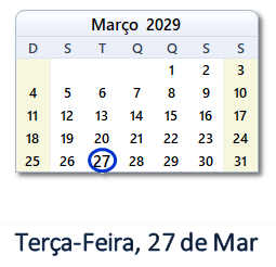 27 Março 2029 calendario