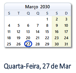 27 Março 2030 calendario