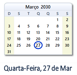 27 Março 2030 calendario
