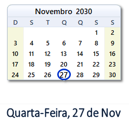 27 Novembro 2030 calendario