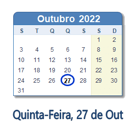 27 Outubro 2022 calendario