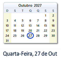 27 Outubro 2027 calendario