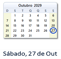 27 Outubro 2029 calendario