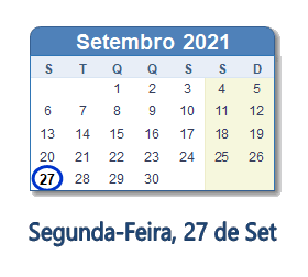 27 Setembro 2021 calendario