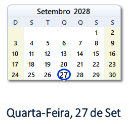 27 Setembro 2028 calendario