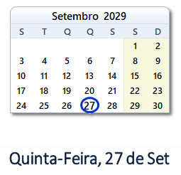 27 Setembro 2029 calendario