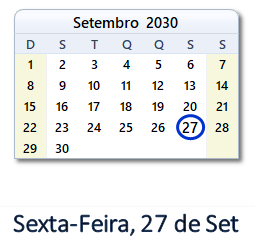 27 Setembro 2030 calendario