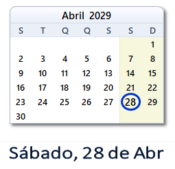28 Abril 2029 calendario