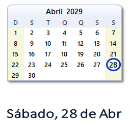 28 Abril 2029 calendario