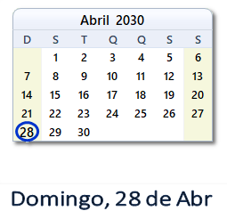 28 Abril 2030 calendario