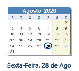 28 Agosto 2020 calendario