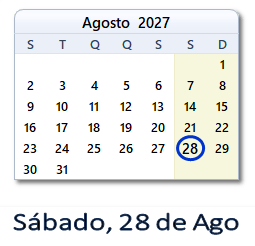 28 Agosto 2027 calendario