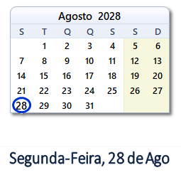 28 Agosto 2028 calendario