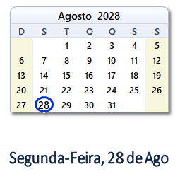 28 Agosto 2028 calendario