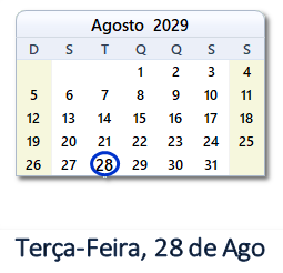 28 Agosto 2029 calendario