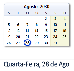 28 Agosto 2030 calendario