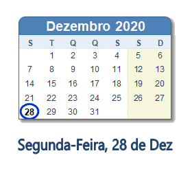 28 Dezembro 2020 calendario