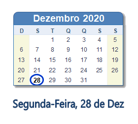 28 Dezembro 2020 calendario