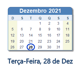 28 Dezembro 2021 calendario