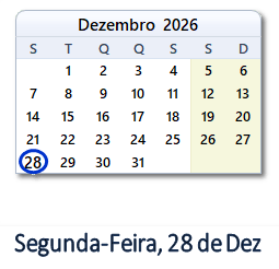 28 Dezembro 2026 calendario