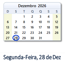 28 Dezembro 2026 calendario