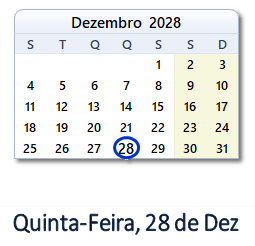 28 Dezembro 2028 calendario