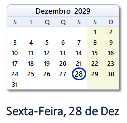 28 Dezembro 2029 calendario