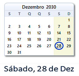 28 Dezembro 2030 calendario