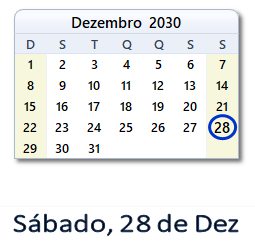 28 Dezembro 2030 calendario