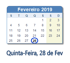 28 Fevereiro 2019 calendario