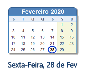 28 Fevereiro 2020 calendario