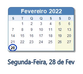 28 Fevereiro 2022 calendario