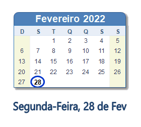 28 Fevereiro 2022 calendario
