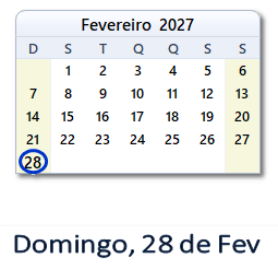 28 Fevereiro 2027 calendario