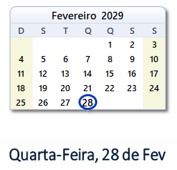 28 Fevereiro 2029 calendario