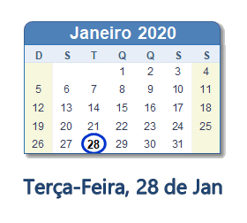 28 Janeiro 2020 calendario